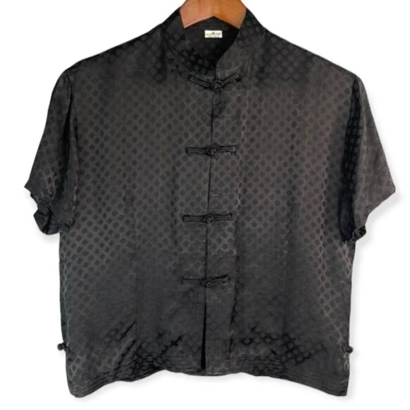 MANDERIN Style Silk Pattern Blouse Black Short Sleeve Toggle Knot Closure M - Picture 2 of 12